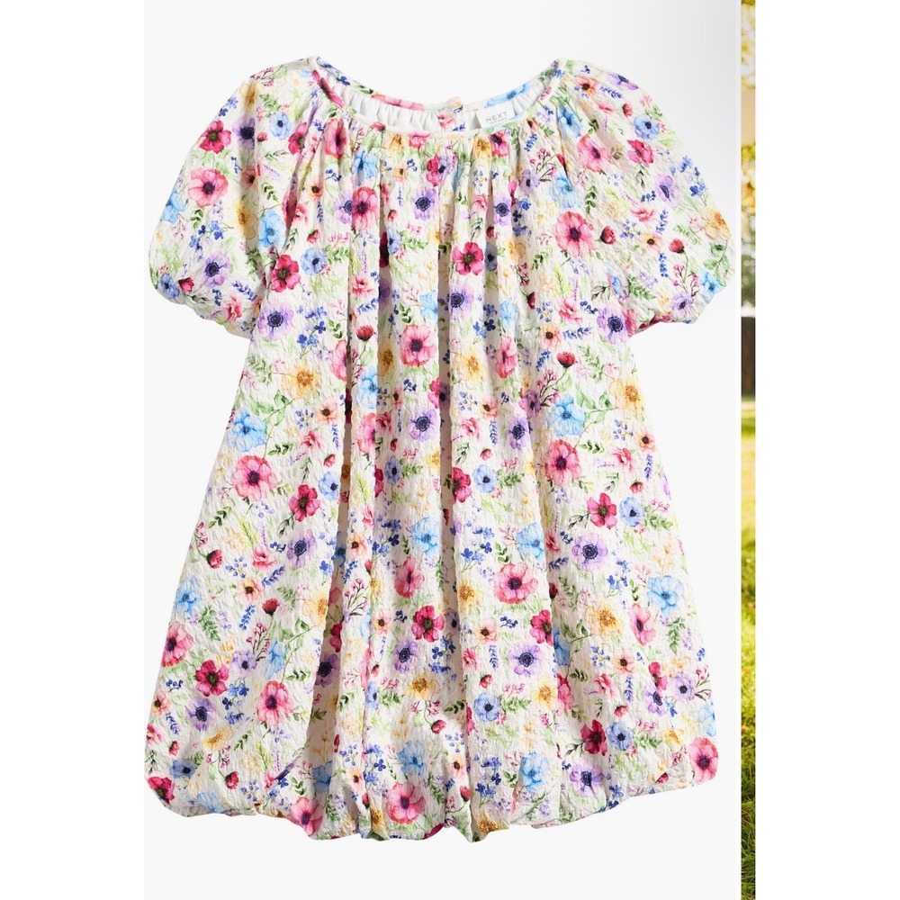 NEXT Kids Puff Ball Floral Party Dress Neutral Seersucker Bubble Hem 3-4 Years